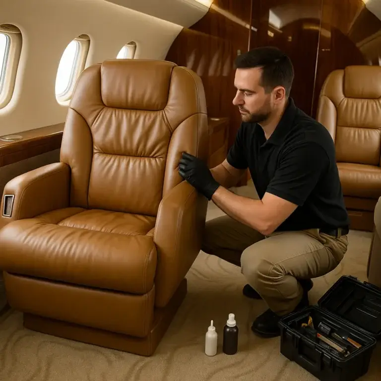JetAvenue technician repairing leather seating in a private jet cabin — mobile interior repair